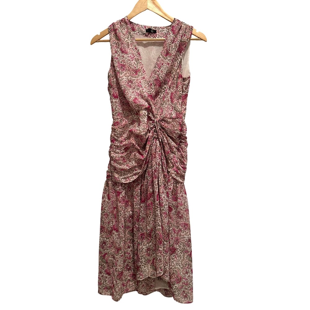 Ann Taylor Pink Floral Paisley Ruched V-Neck Sleeveless Midi Dress 0P‎ Fairycore